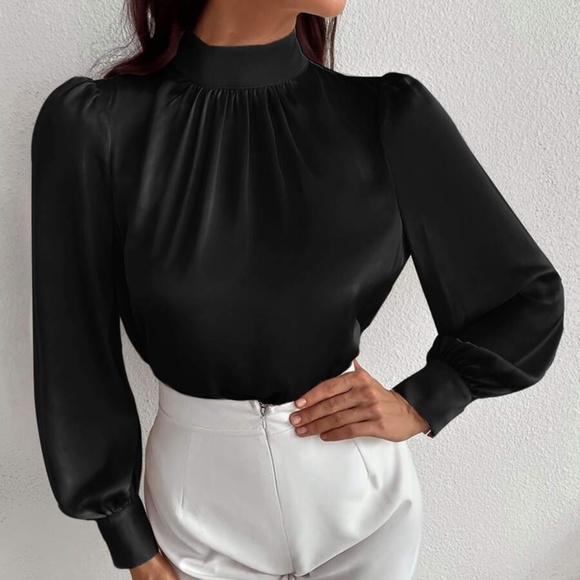 Classic High Neck pleated Satin long sleeve Top - Picture 3 of 11